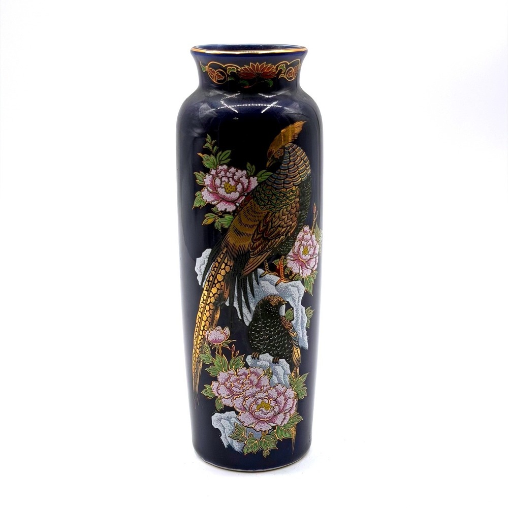 Kutani Japanese Cobalt Blue Porcelain Vase Golden Pheasant Peony Gilded 10.25"